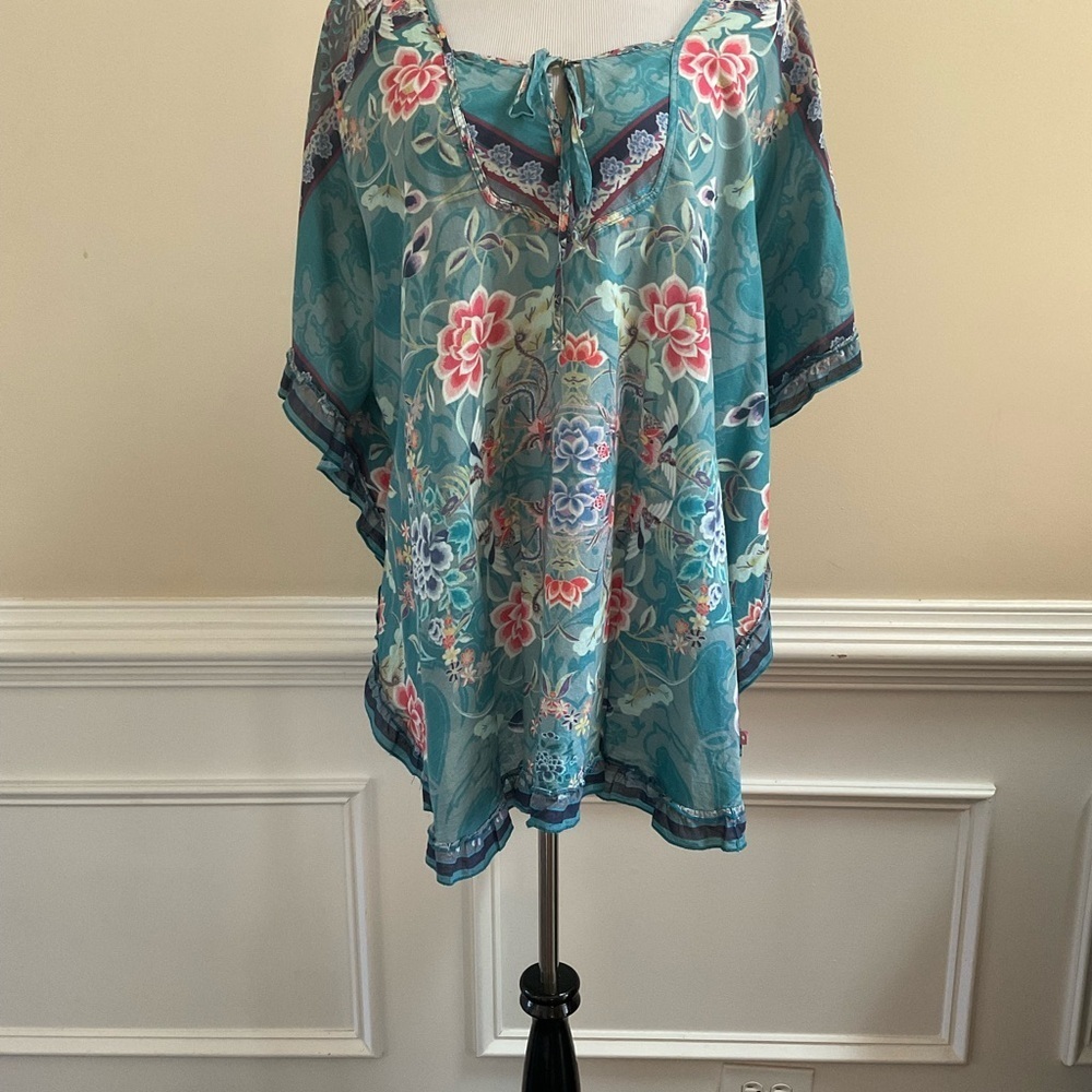 Johnny Was XL Sheer Teal Multicolor Floral Boho Ruffle Trim Kaftan Poncho Top